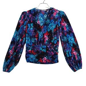 Suzy Shier Shirt Blue Pink Floral Flowers Pleated Crop Blouse Wrap Top Size M